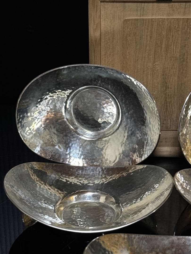 純銀 槌目 小判型 茶托 5枚 桐箱付 約290g 茶道具 煎茶