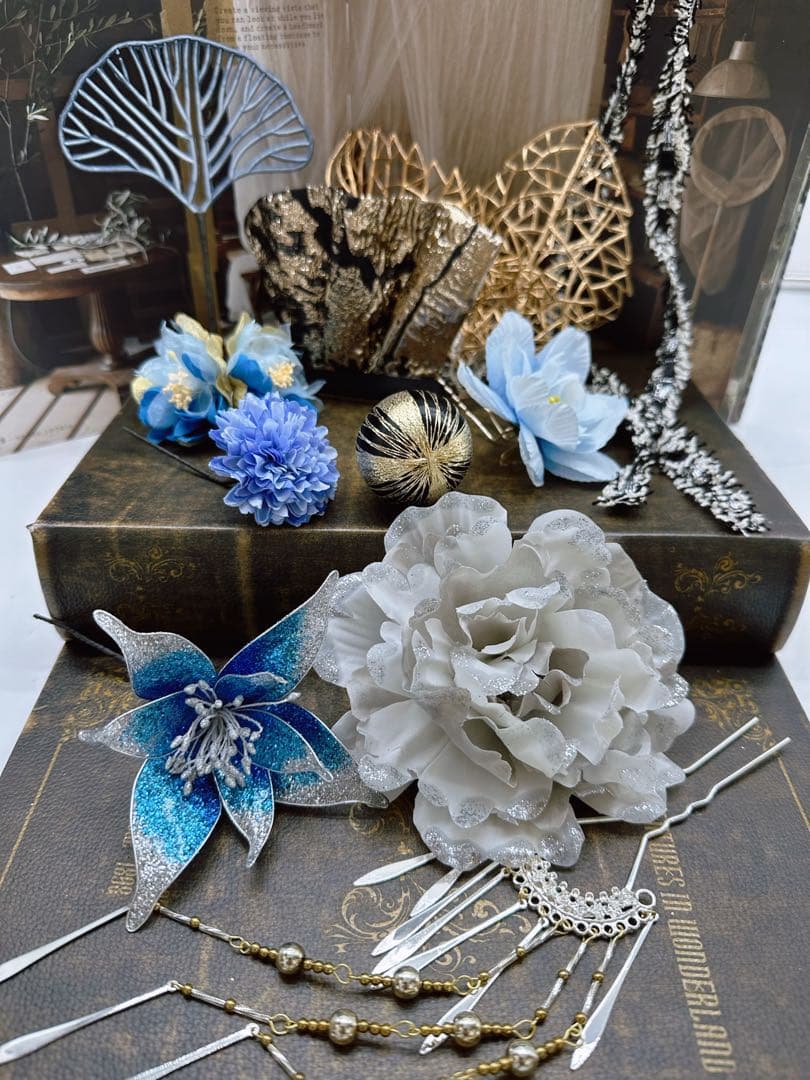 【豪華】ディップアート　簪　キラキラ　髪飾り　成人式　卒業式 青　黒　牡丹