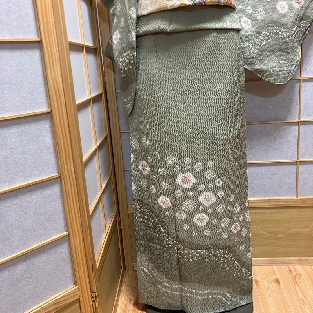 カメ様［6774］訪問着 舞花文様 金彩 絞り 幅広サイズ 正絹 着物 袷