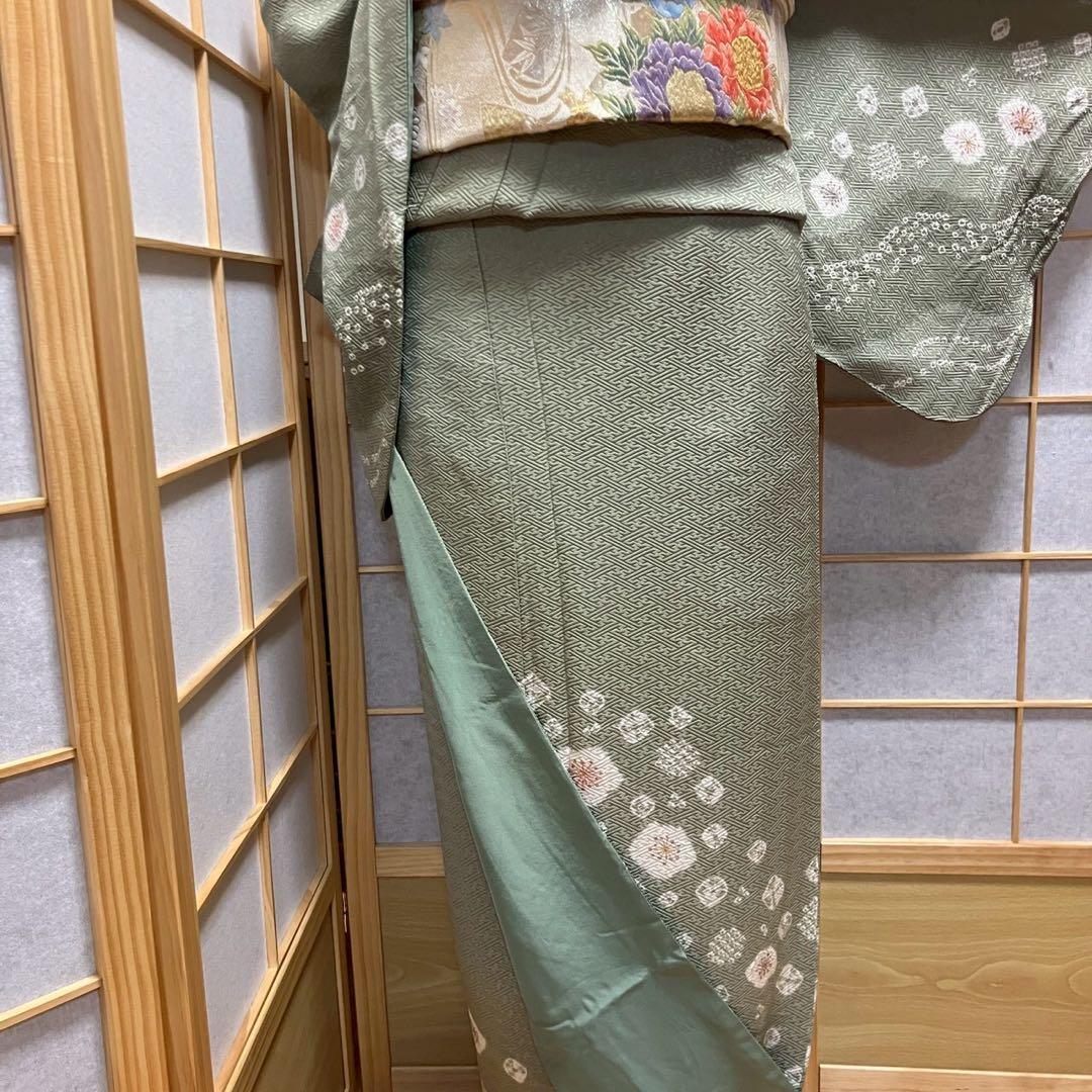 カメ様［6774］訪問着 舞花文様 金彩 絞り 幅広サイズ 正絹 着物 袷