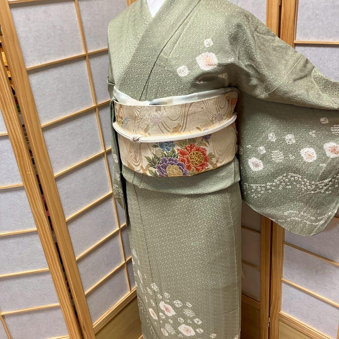 カメ様［6774］訪問着 舞花文様 金彩 絞り 幅広サイズ 正絹 着物 袷