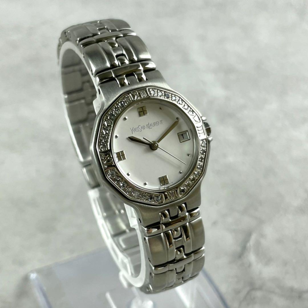 【稼働/極美品】 イヴサンローラン クォーツ腕時計 デイト ダイヤ シルバー
