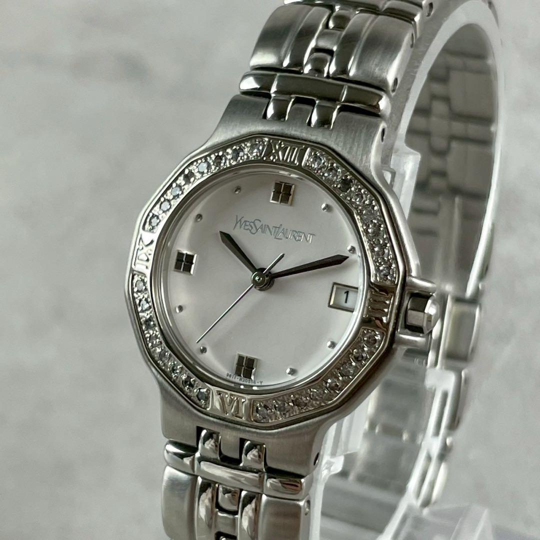 【稼働/極美品】 イヴサンローラン クォーツ腕時計 デイト ダイヤ シルバー