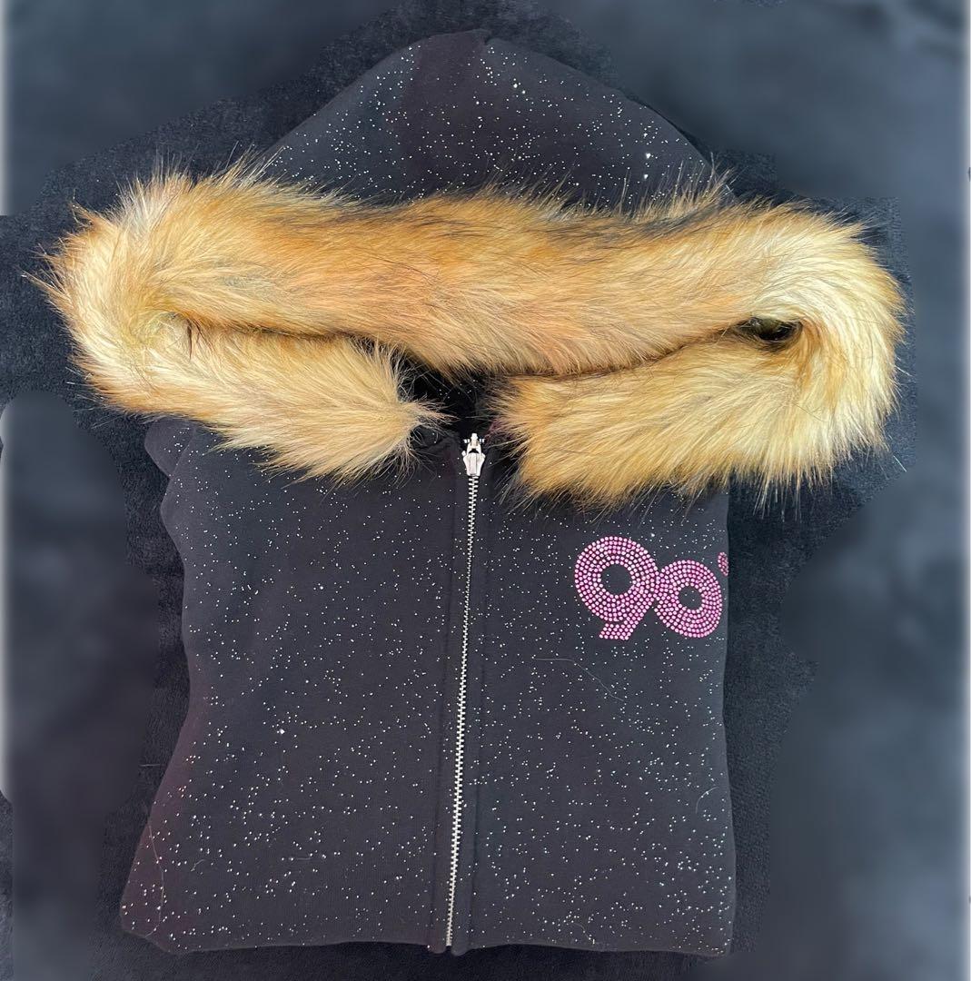トップス 9090 girl 90 Logo Glitter Fur Zip Hoodie