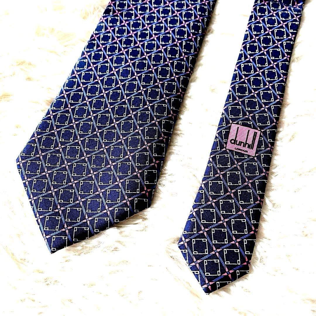 新品 ダンヒル ネクタイ シルク100％ 幾何学柄 ネイビー イタリア製 箱付