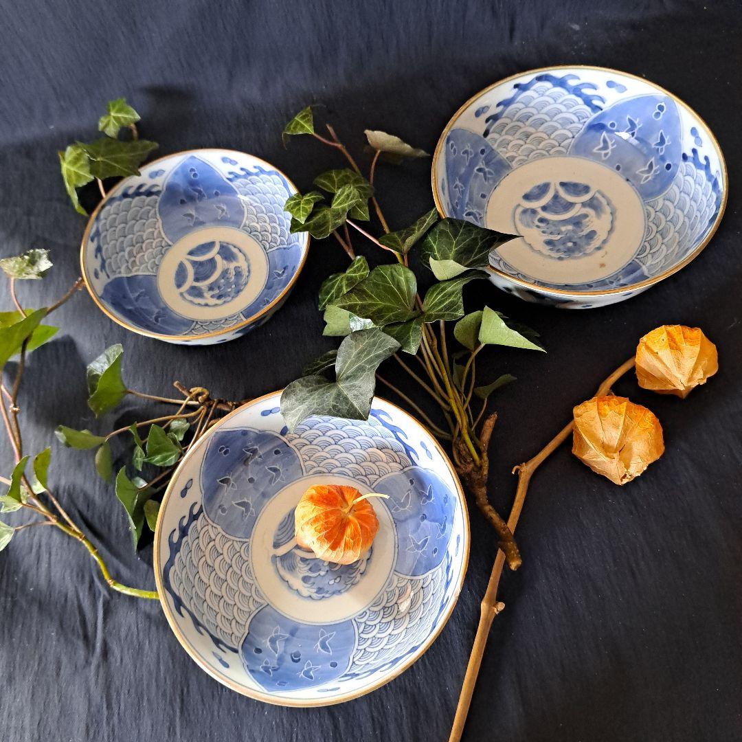 「あふれる青海波(せいがいは)模様！」古伊万里染付鉢 3客セット 骨董アンティー
