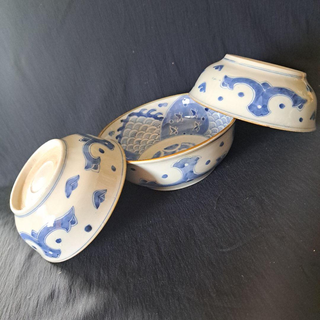 「あふれる青海波(せいがいは)模様！」古伊万里染付鉢 3客セット 骨董アンティー