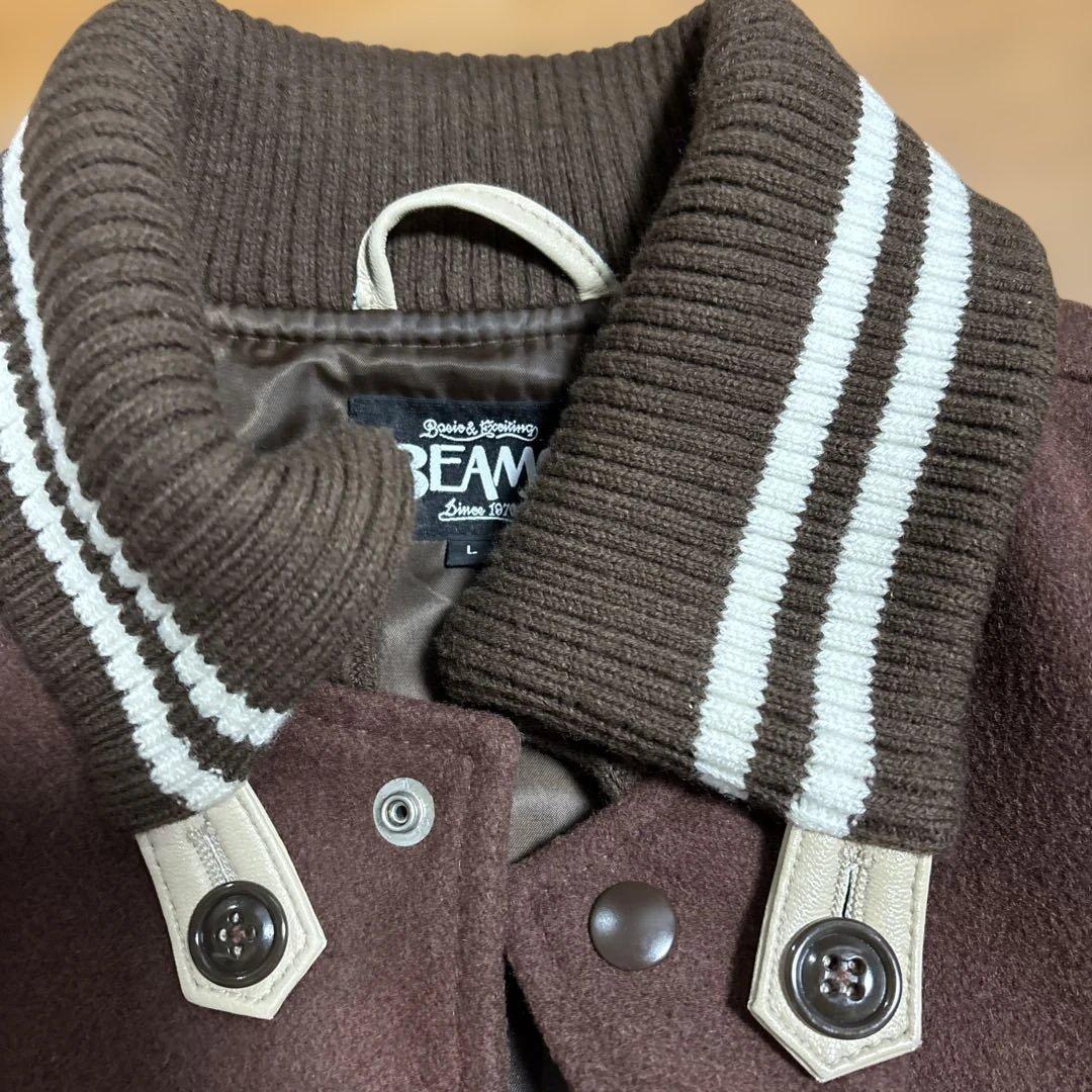 BEAMS / 本革切り替え スタジャン ブラウン×オフホワイト Lサイズ