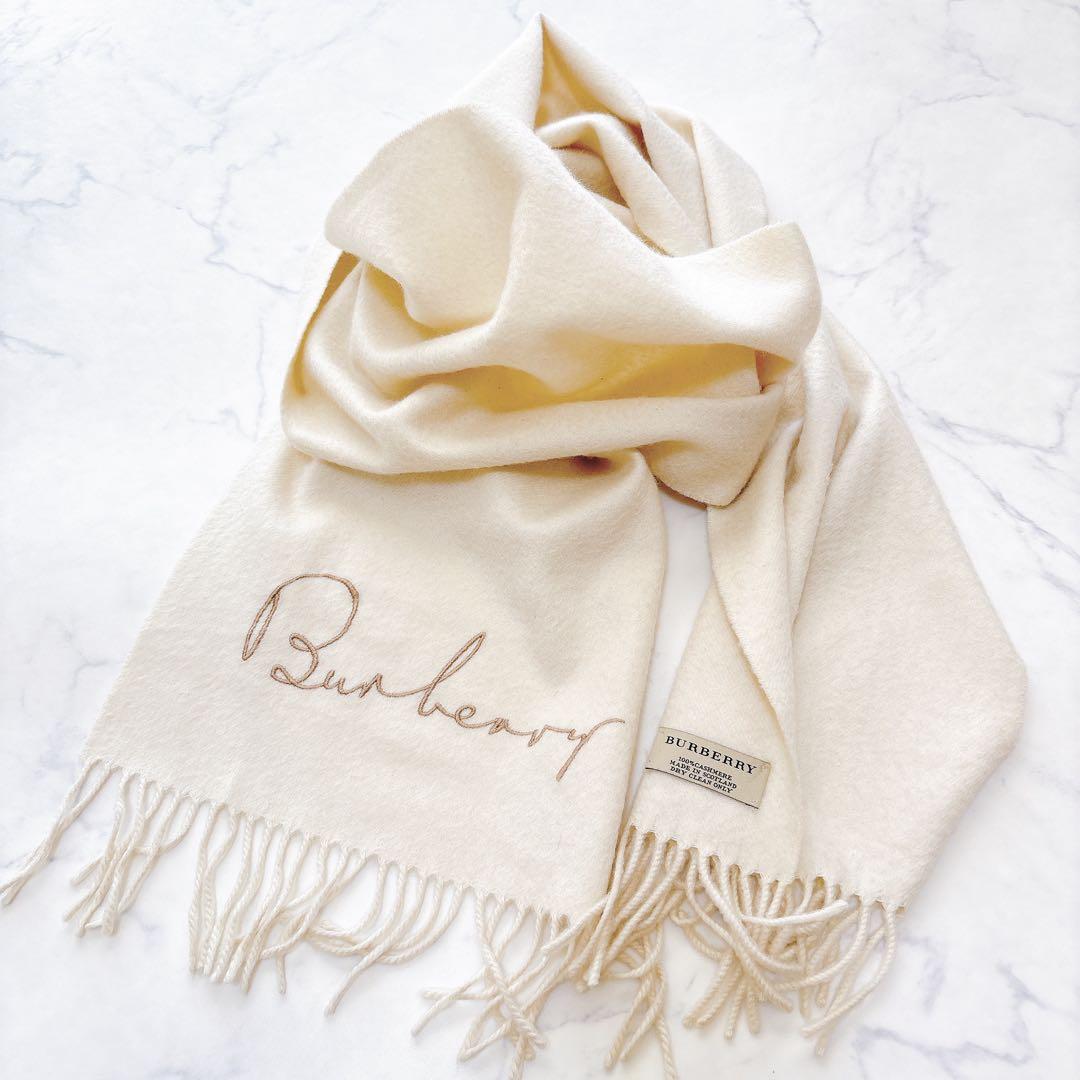 【美品】現行 BURBERRY バーバリー カシミヤ100% 刺繍ロゴ マフラー