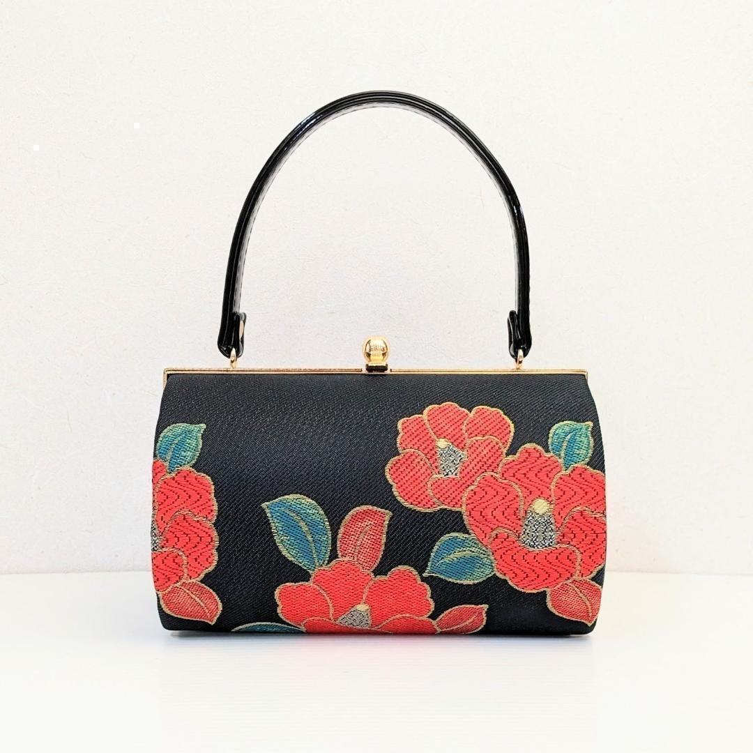 和装 草履バッグセット 振袖用 帯地 黒 椿 フリー w22-10