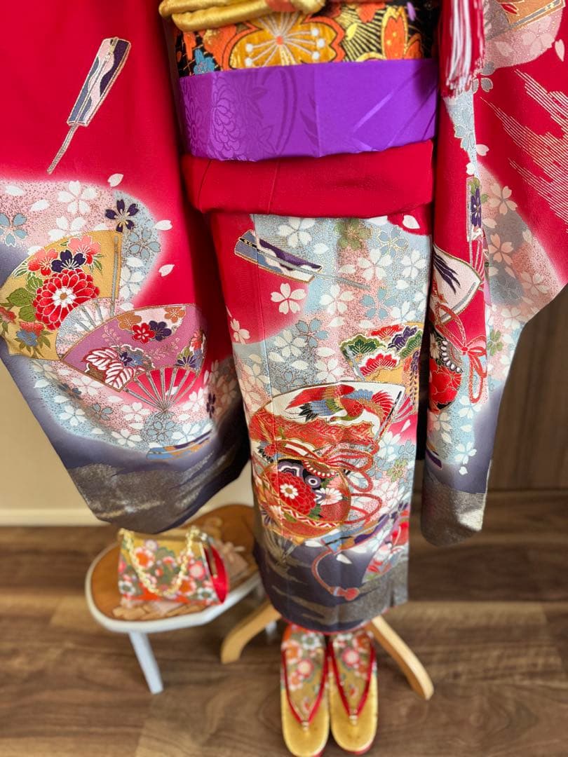 七五三に★正絹縮緬檜扇に鈴　七歳着物セット