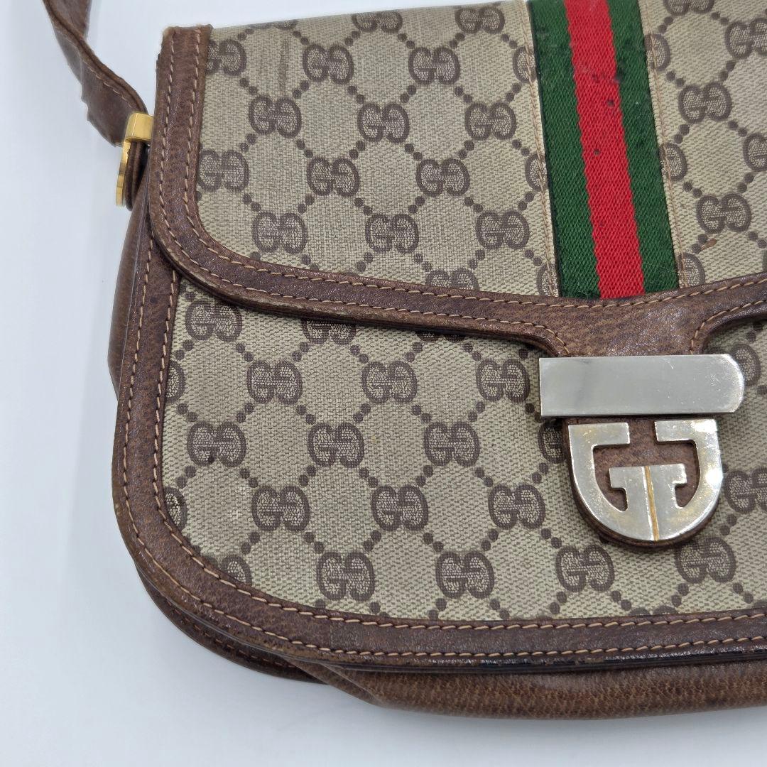 【良品】GUCCI シェリーライン GG ショルダーバッグ レザー ブラウン