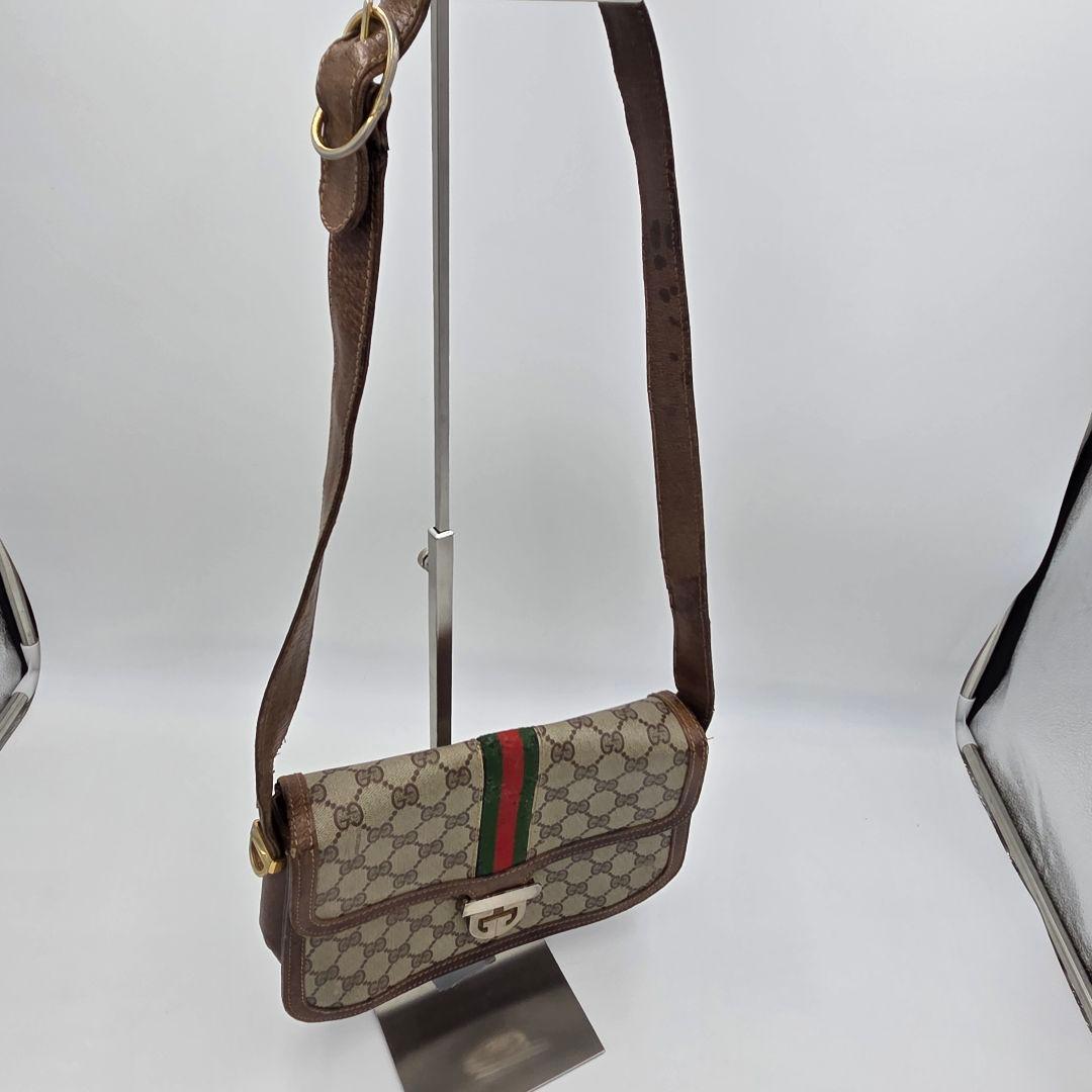 【良品】GUCCI シェリーライン GG ショルダーバッグ レザー ブラウン