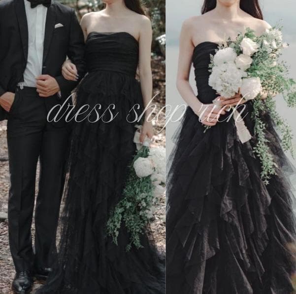 流行　人気　ブラックドレス　Aライン　チュール　前撮り　二次会　カラー　お色直し