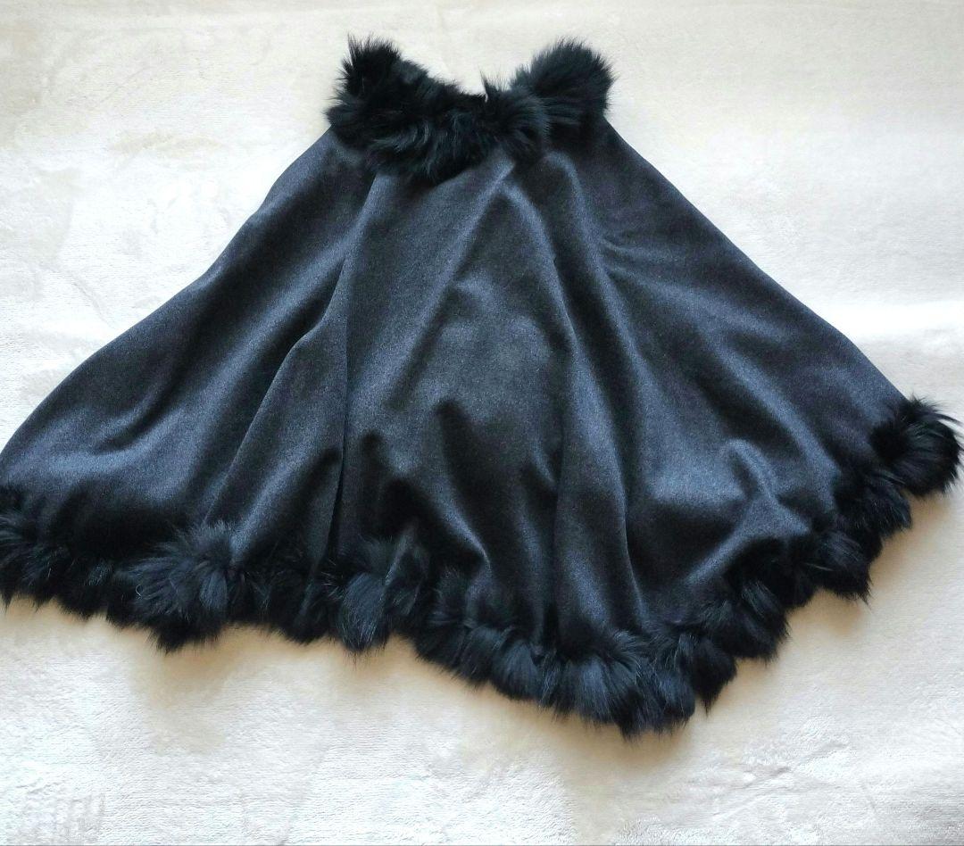 ノアジェ カシミヤ混 フォックスファーポンチョケープ グレー ブラック