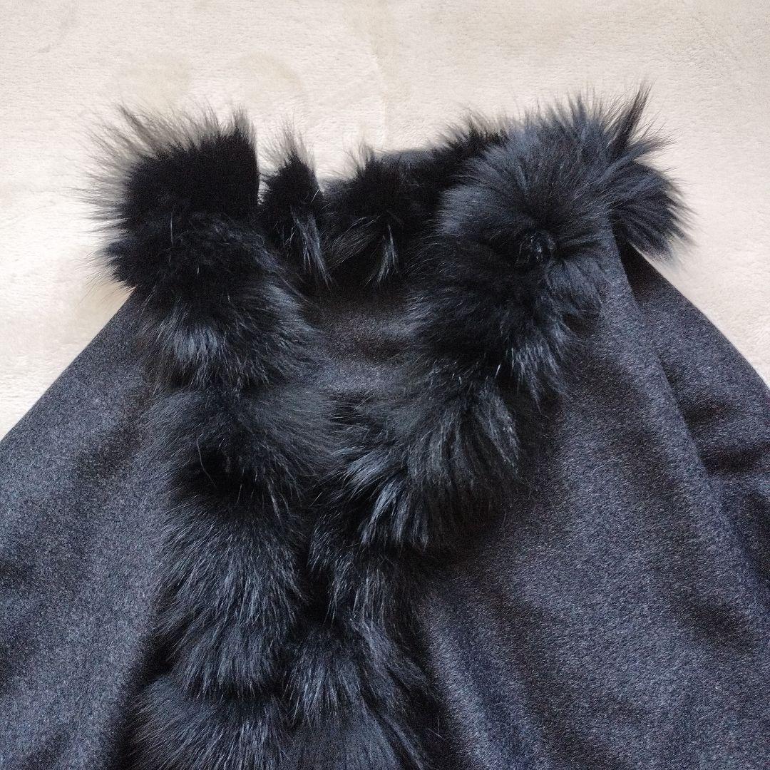 ノアジェ カシミヤ混 フォックスファーポンチョケープ グレー ブラック
