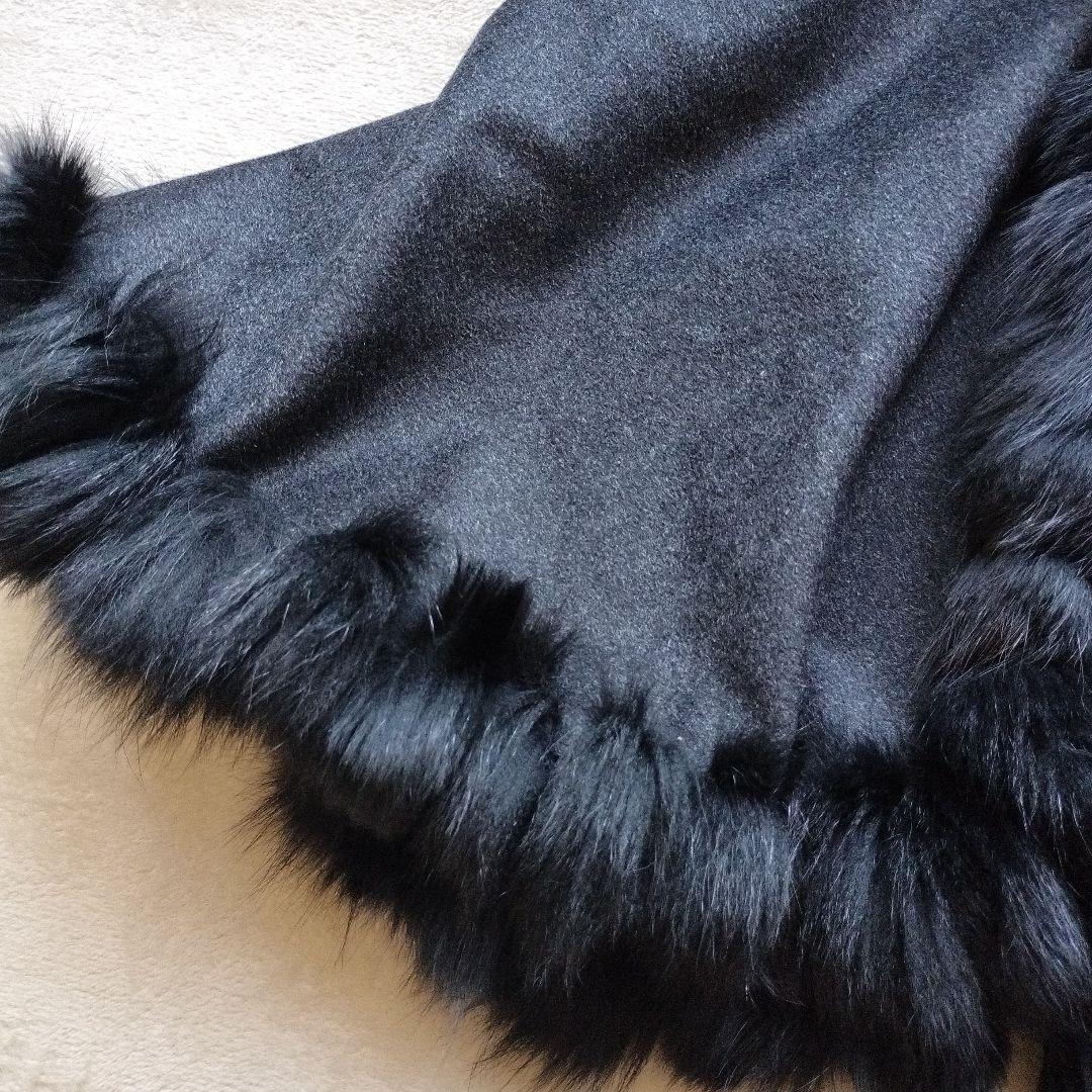 ノアジェ カシミヤ混 フォックスファーポンチョケープ グレー ブラック