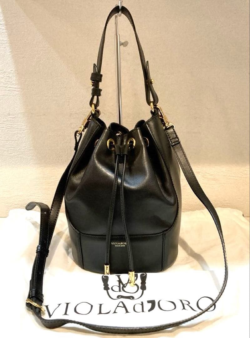 【美品】VIOLA'dORO V-1300ボトム切り替えバレル型巾着BAG 黒