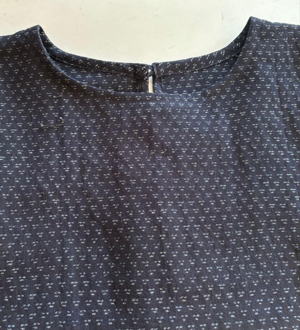 古布藍染　木綿　絣 長袖 ワンピース