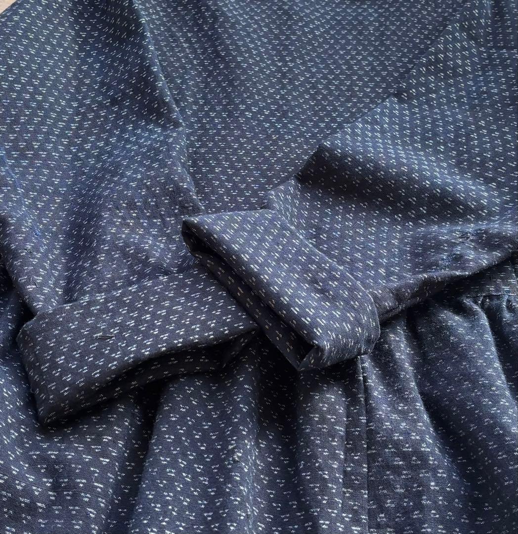 古布藍染　木綿　絣 長袖 ワンピース