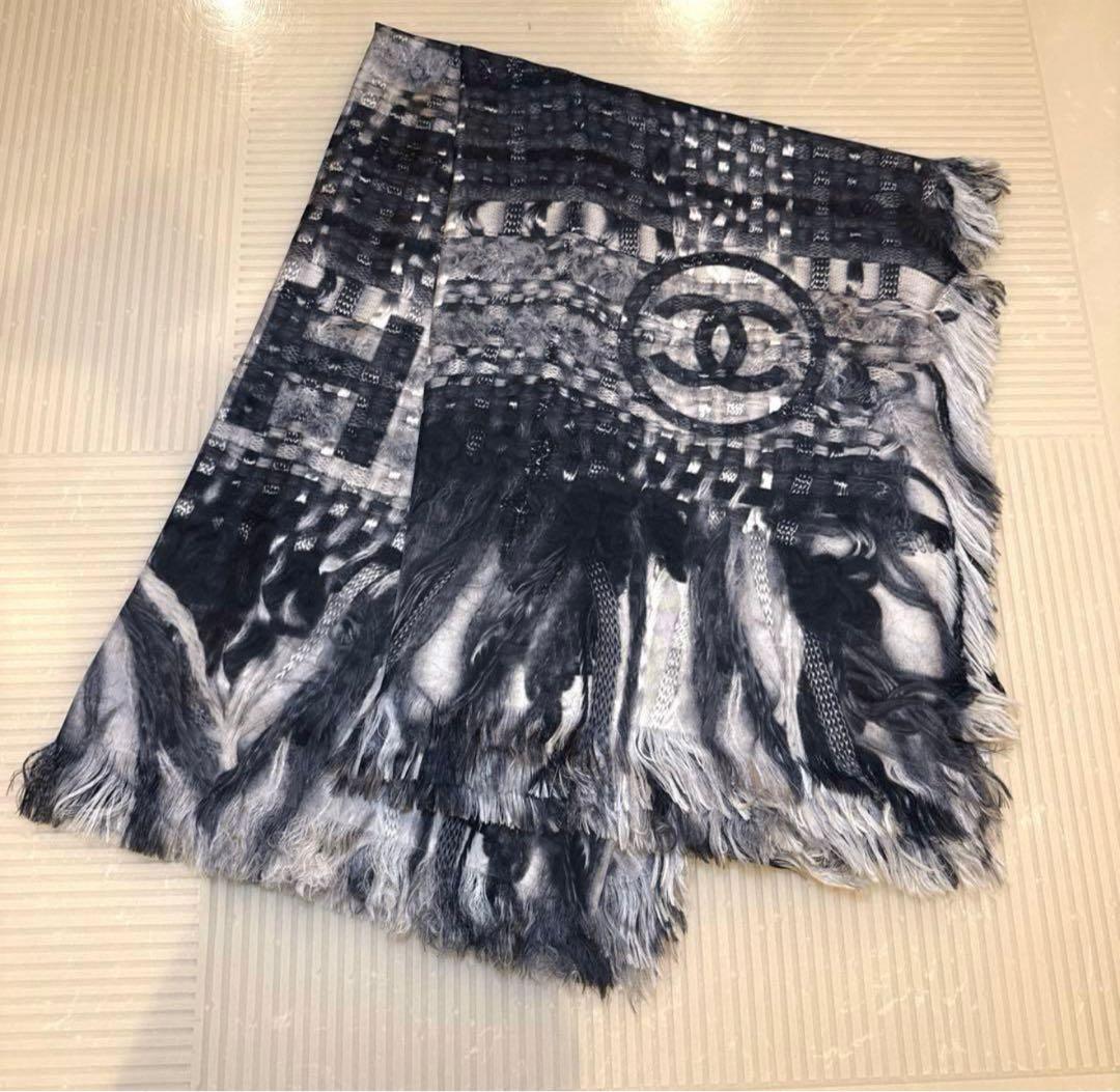 CHANELシャネル ストール フリンジ シルク100%大判 ブラック