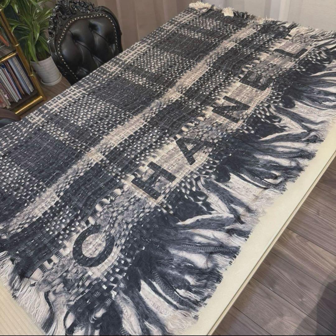 CHANELシャネル ストール フリンジ シルク100%大判 ブラック