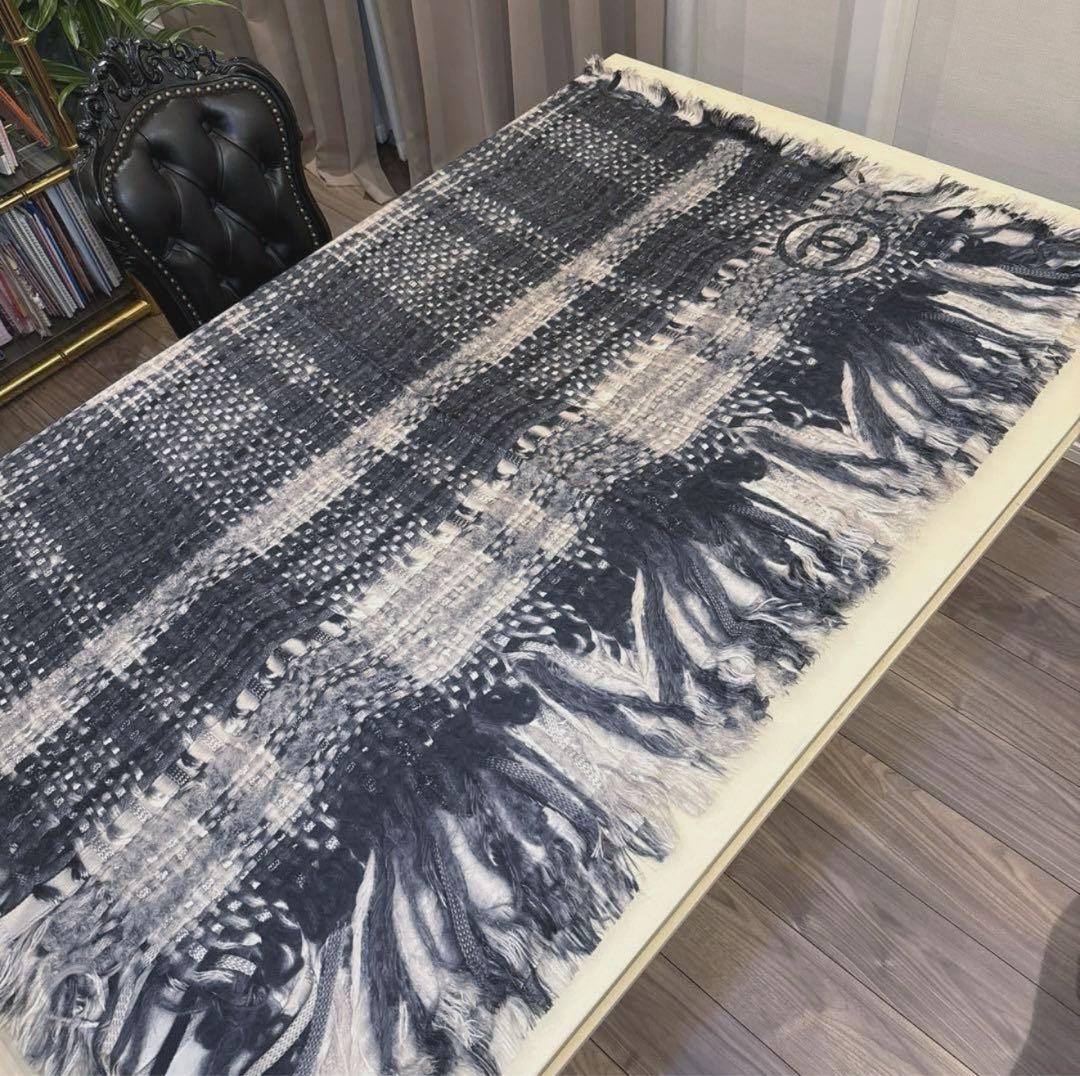 CHANELシャネル ストール フリンジ シルク100%大判 ブラック