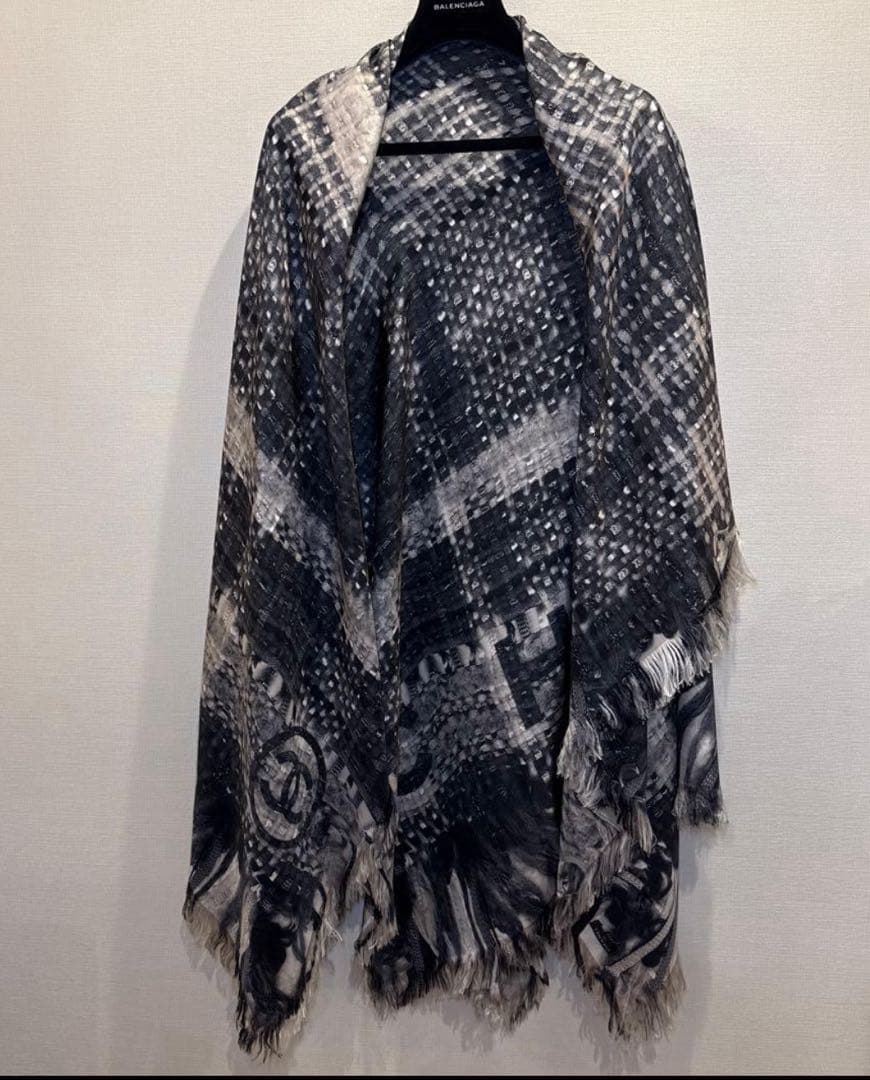 CHANELシャネル ストール フリンジ シルク100%大判 ブラック