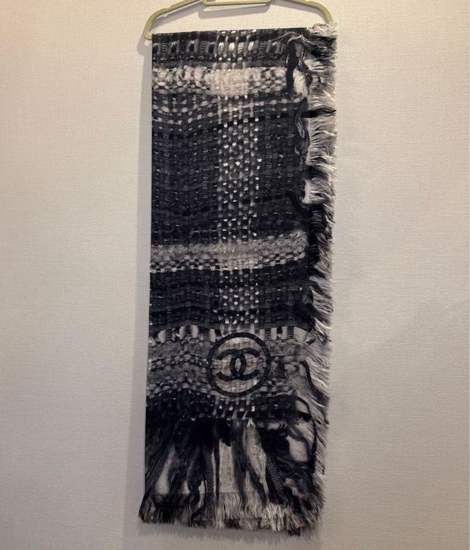 CHANELシャネル ストール フリンジ シルク100%大判 ブラック
