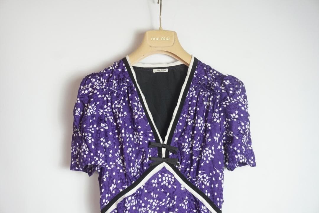 美品19SS MIUMIU ドレス フラワー ワンピース ネイビー1226N▲