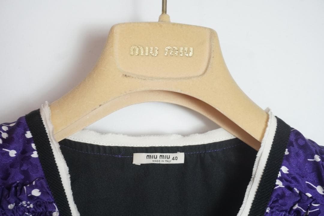 美品19SS MIUMIU ドレス フラワー ワンピース ネイビー1226N▲