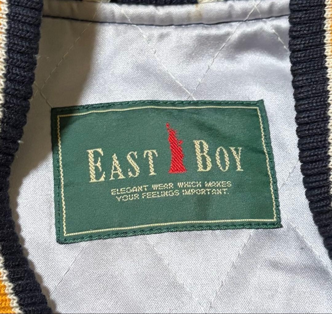 【希少】イーストボーイ スタジャン 袖レザー 牛革 紺×白 M 中綿ワッペン