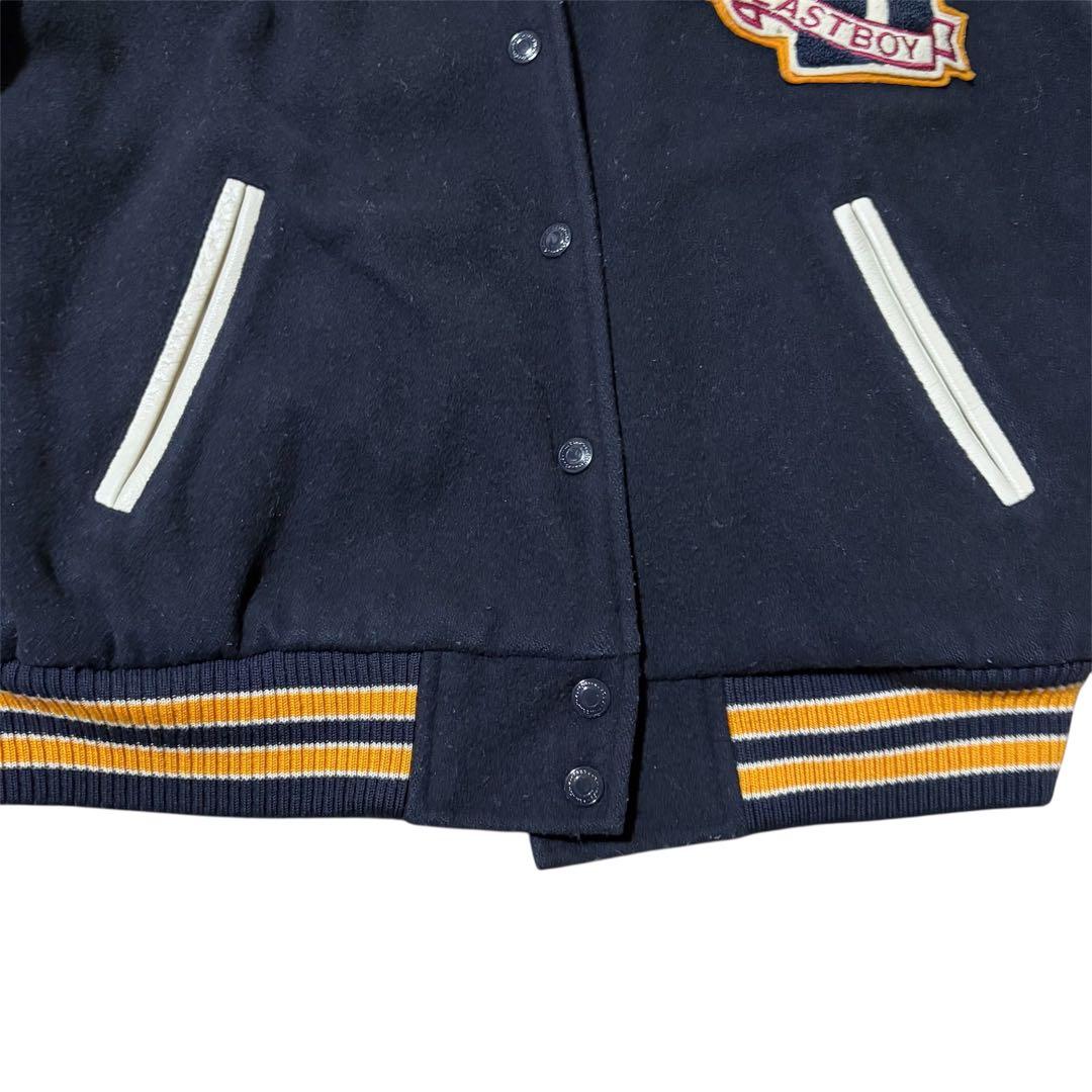 【希少】イーストボーイ スタジャン 袖レザー 牛革 紺×白 M 中綿ワッペン