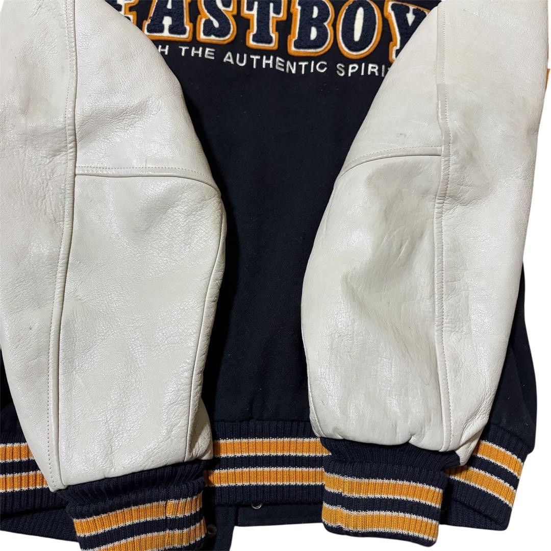 【希少】イーストボーイ スタジャン 袖レザー 牛革 紺×白 M 中綿ワッペン