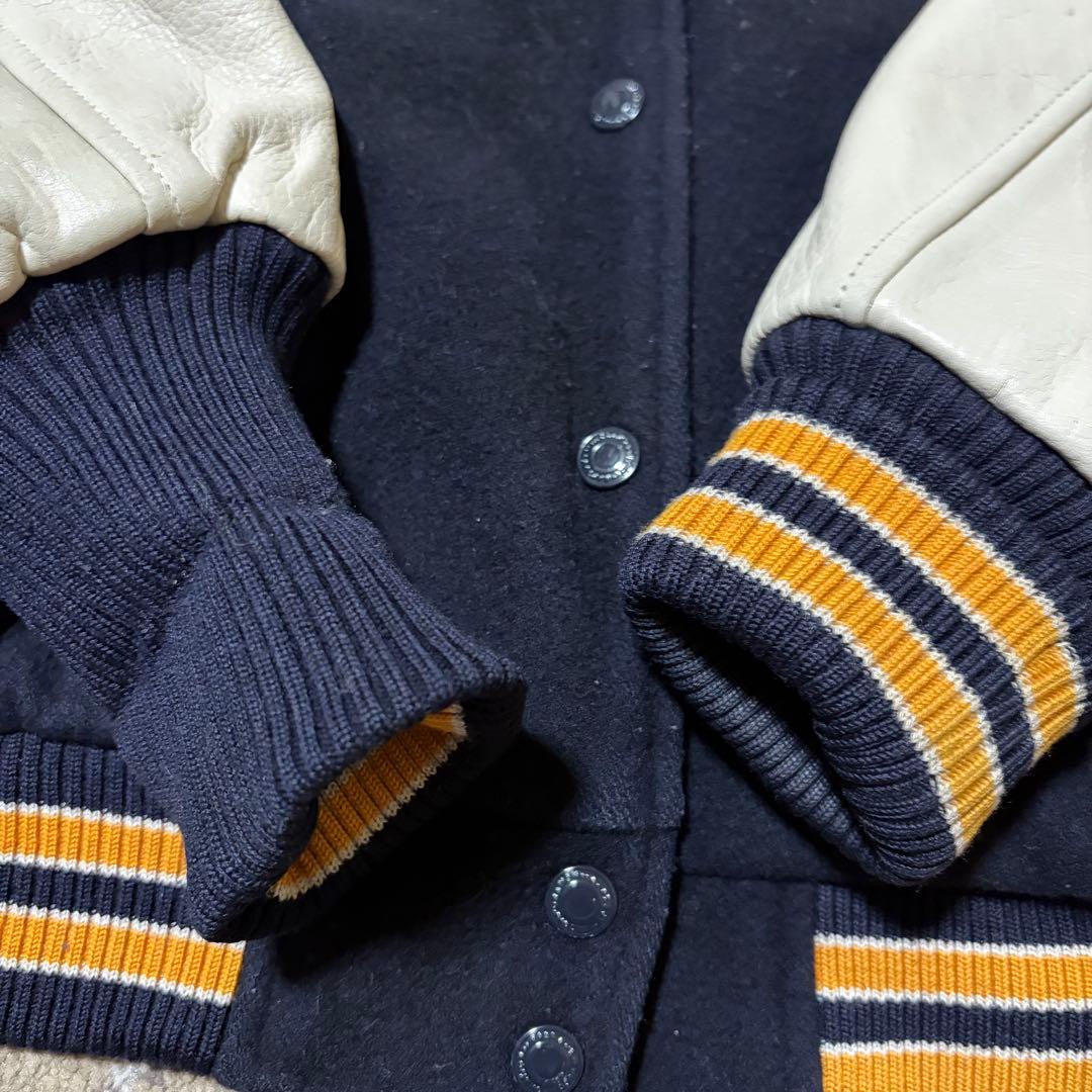 【希少】イーストボーイ スタジャン 袖レザー 牛革 紺×白 M 中綿ワッペン