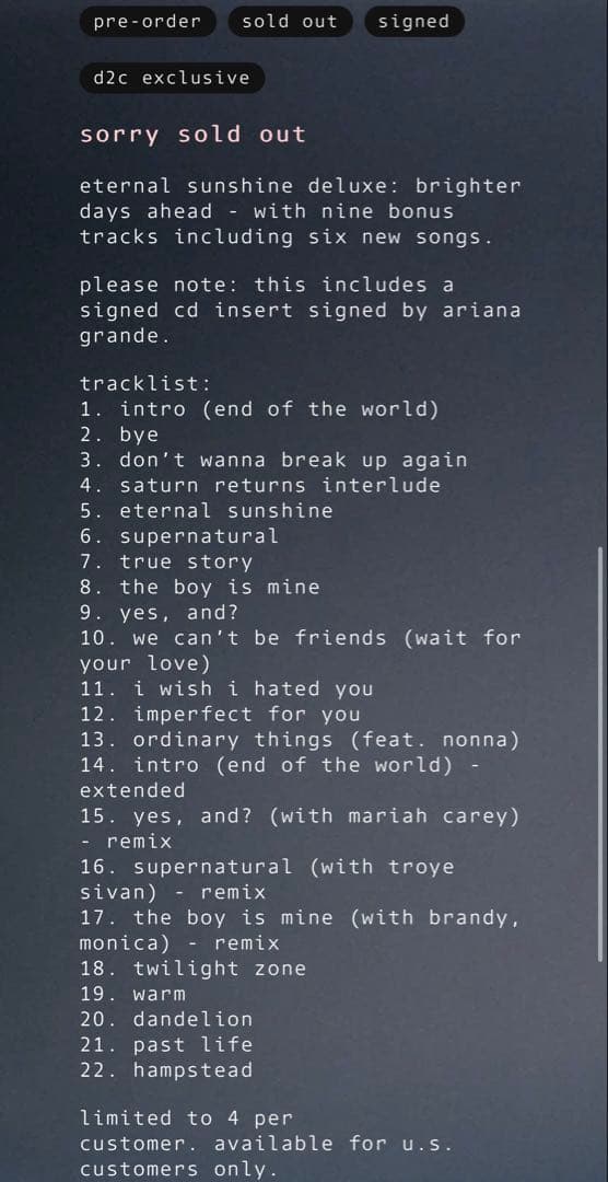 直筆サイン入り アリアナグランデ 「エターナル サンシャイン」 CDアルバム