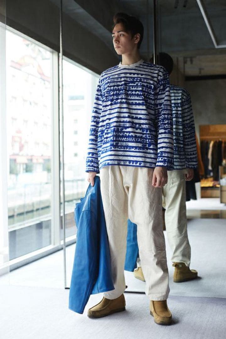 BRU NA BOINNE プリント　ボーダー　ロンT ブルー　青　XL 総柄