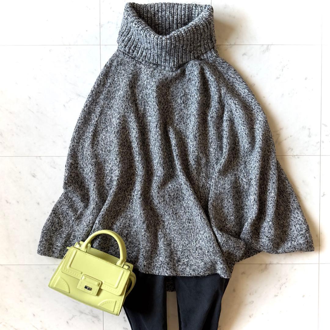 美品 セオリー タートルネック ニットポンチョ ミックスグレー