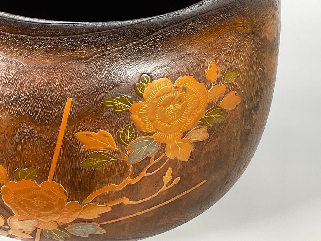 蒔絵　桐火鉢　手炙り　雀・草花文　螺鈿細工　内側銅器　外径約３２cm
