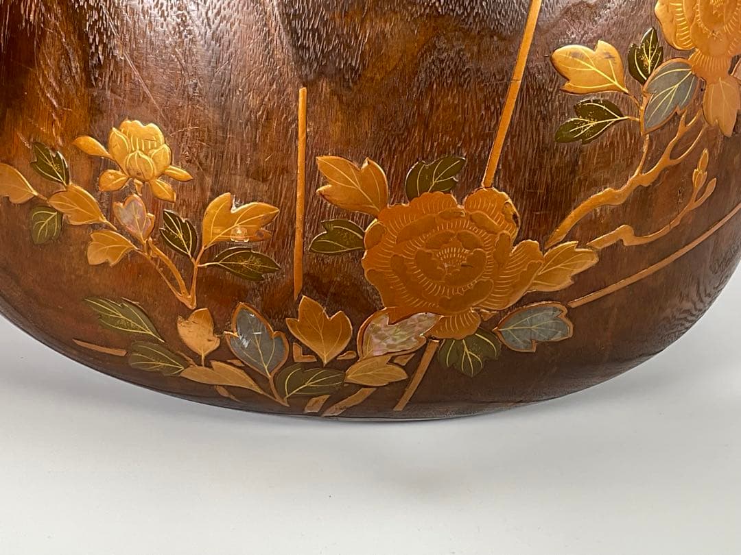 蒔絵　桐火鉢　手炙り　雀・草花文　螺鈿細工　内側銅器　外径約３２cm