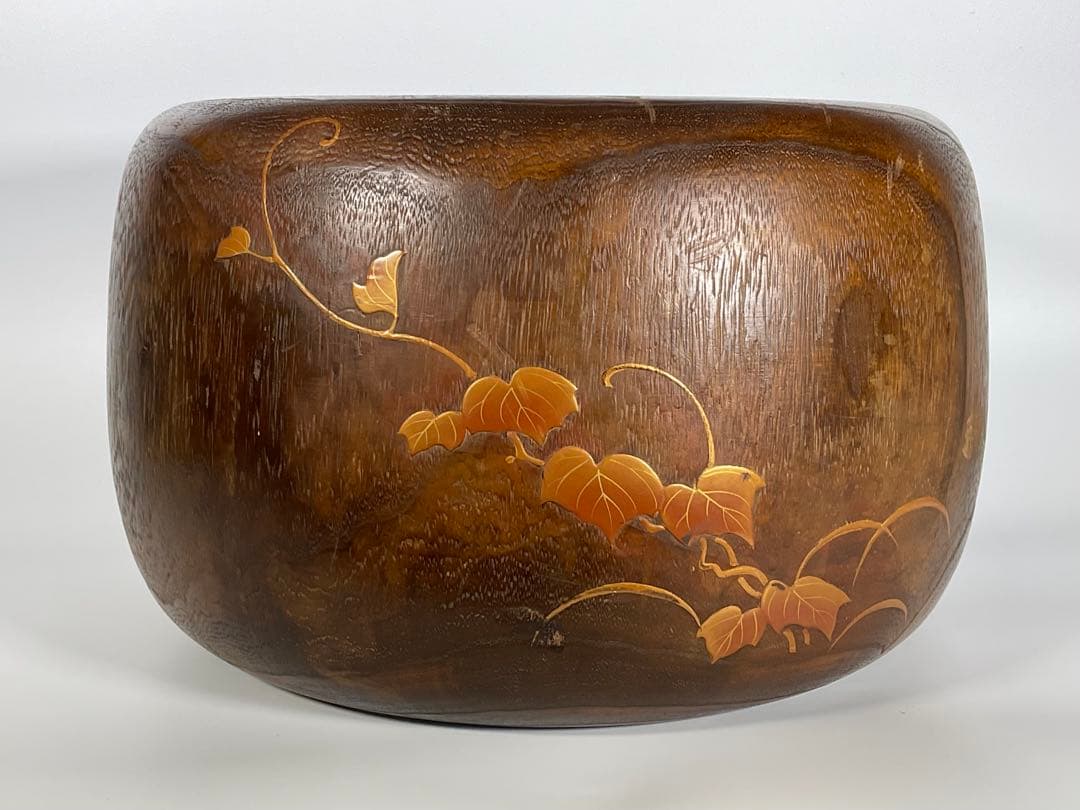 蒔絵　桐火鉢　手炙り　雀・草花文　螺鈿細工　内側銅器　外径約３２cm