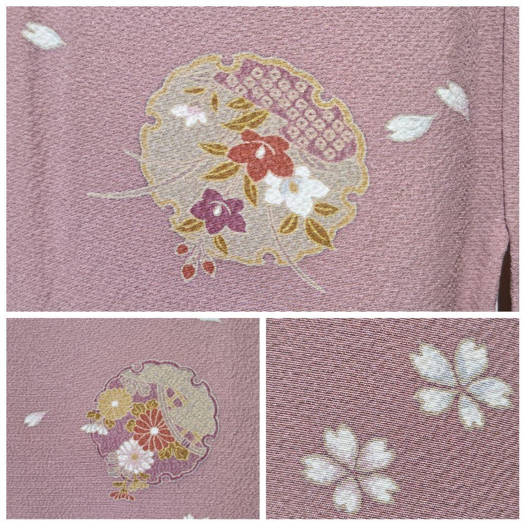 A5 雪輪に季節の花々 縮緬 桜 梅 袷 正絹 小紋 着物 身丈160 裄71