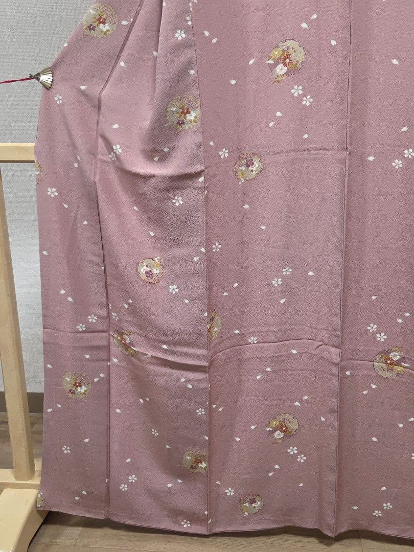 A5 雪輪に季節の花々 縮緬 桜 梅 袷 正絹 小紋 着物 身丈160 裄71