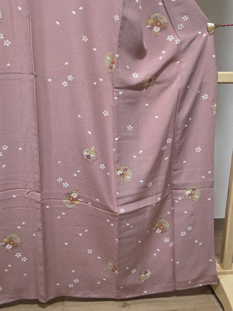 A5 雪輪に季節の花々 縮緬 桜 梅 袷 正絹 小紋 着物 身丈160 裄71