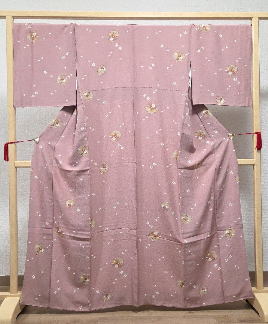 A5 雪輪に季節の花々 縮緬 桜 梅 袷 正絹 小紋 着物 身丈160 裄71