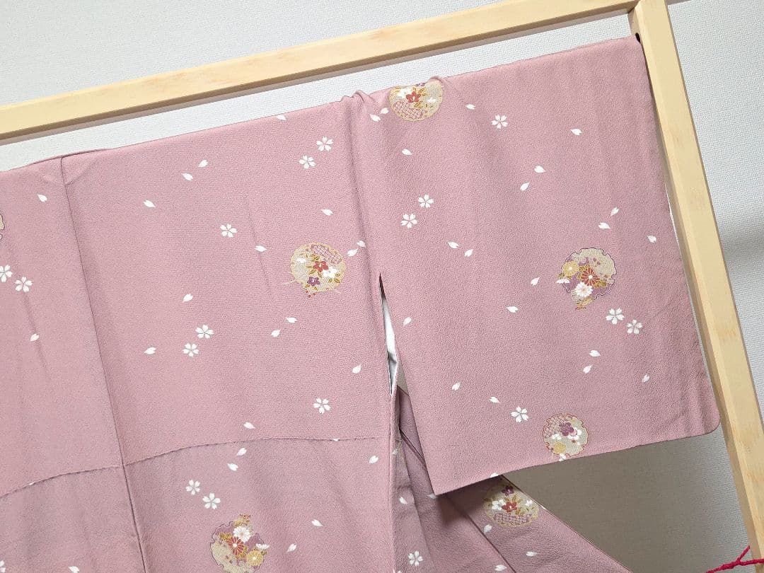 A5 雪輪に季節の花々 縮緬 桜 梅 袷 正絹 小紋 着物 身丈160 裄71