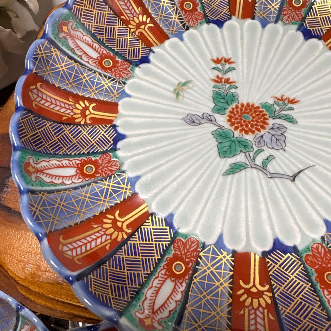林九郎　染錦地紋・古伊万里菊割　取り皿５枚