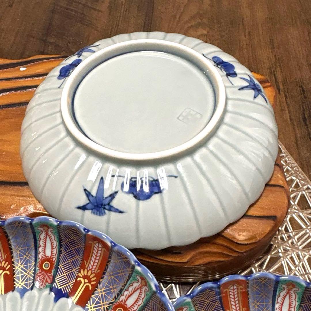 林九郎　染錦地紋・古伊万里菊割　取り皿５枚