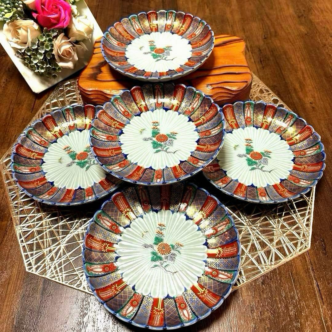 林九郎　染錦地紋・古伊万里菊割　取り皿５枚