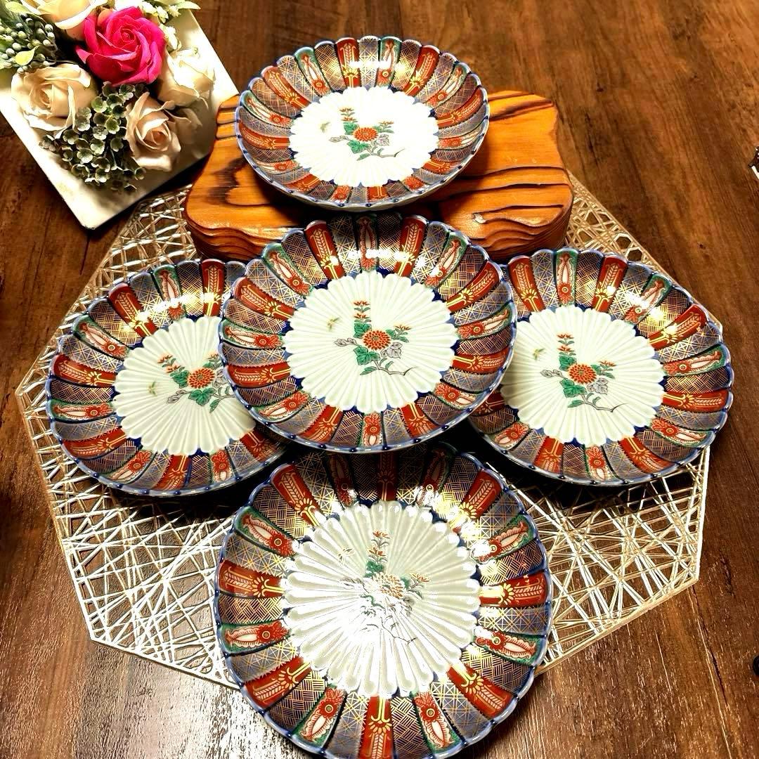 林九郎　染錦地紋・古伊万里菊割　取り皿５枚